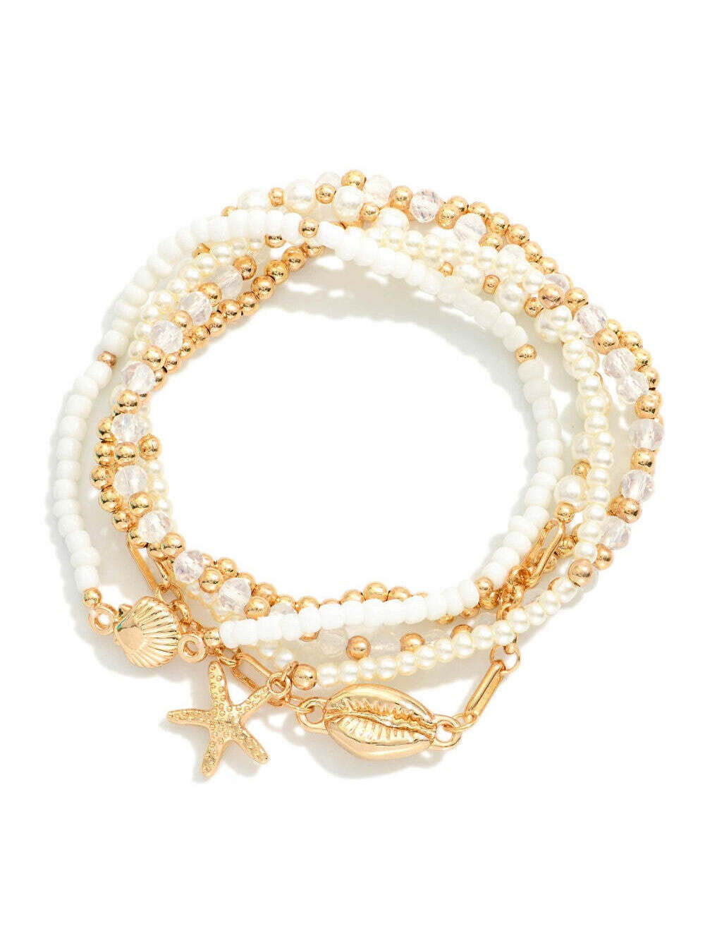 Set of Five Pearl & Gold Stretch Stack Bracelets with Sea Life Charms